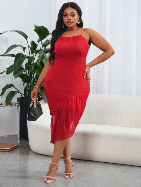 

plus backless contrast ruffle trim backless dress t20w#, Black