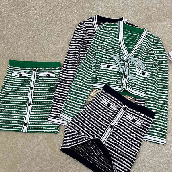 

women's knits & tees spring and summer green stripe lace up slim long sleeve knitted cardigan short skirt, White