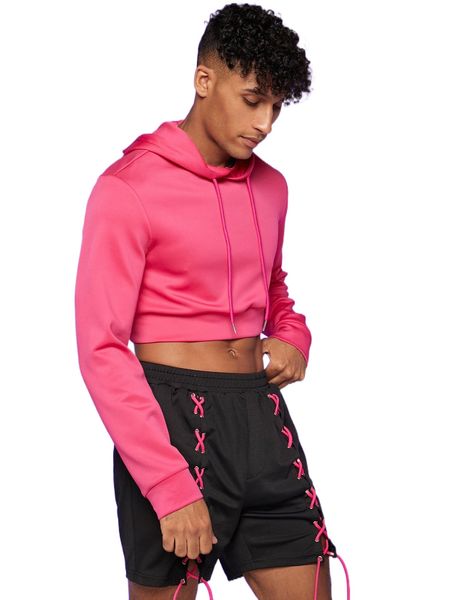 

men solid drawstring crop hoodie k08e#, Black