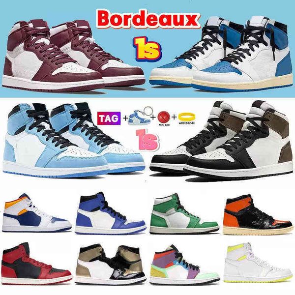 

1 1s university blue high basketball shoes bordeaux mocha mid barely rose light smoke grey patent bred men women designer sneakers, Black;white