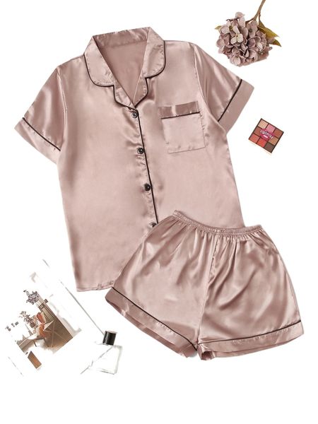 

contrast binding satin pj set g5qw#, Black;red