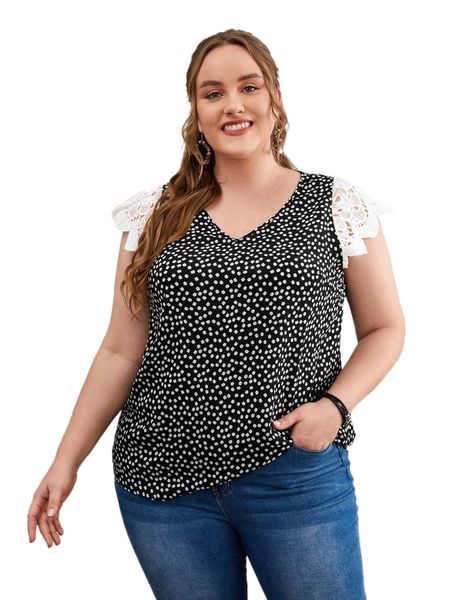 

emery rose plus floral contrast lace blouse s4ak#, Black