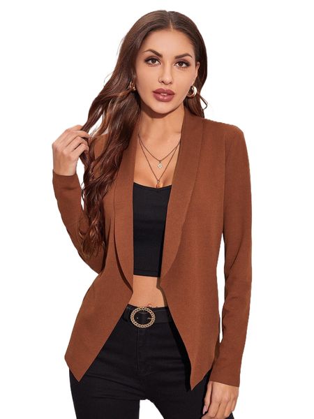 

shawl neck open front solid coat l0ab#, Black