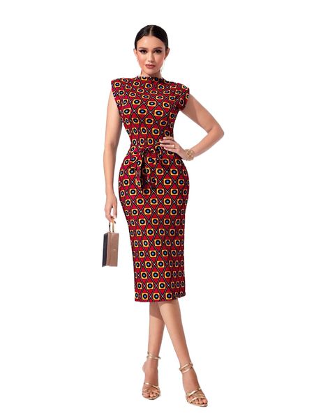 

geo print belted bodycon dress p4cw#, Black;gray