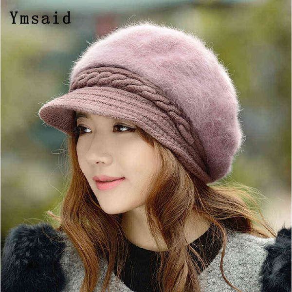 New Mody Winter Women Rabbit Fur Boina Hat elegante Senhoras Solid Cap plana Cap grossa Protetores de orelhas quentes de malha de lã de lã J220722
