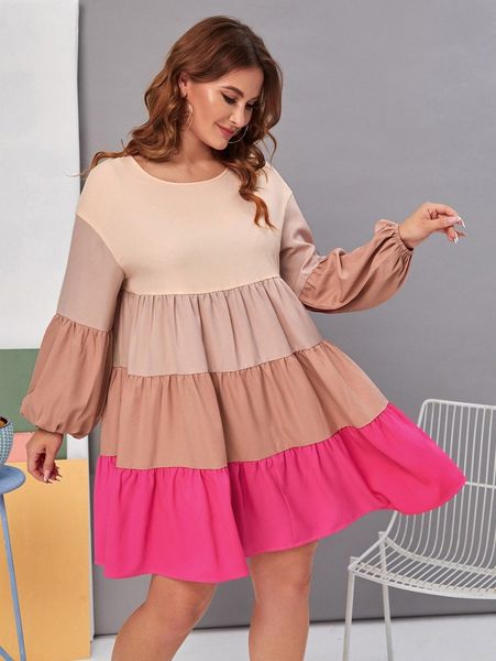 

plus drop shoulder ruffle hem colorblock dress d0w1#, Black