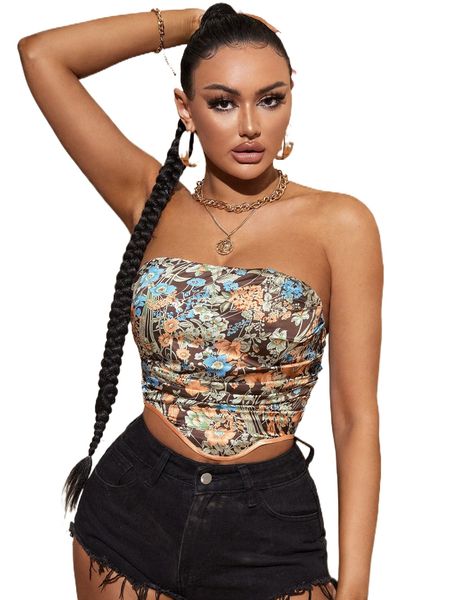 

sxy floral print shirred tube f9bk#, White