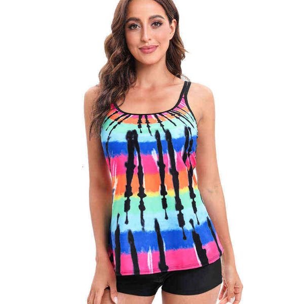 

split 2022 swimsuit women's tankini high waist boxer pants stripe block, White;black