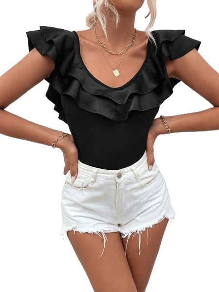 

layered ruffle trim tie backless tee e3nf#, White