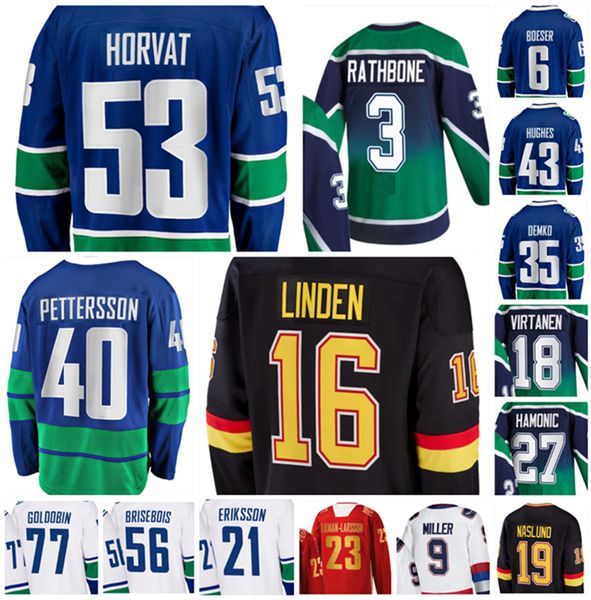 

21/22 van 53 bo horvat hockey jerseys 40 elias pettersson 43 quinn hughes 6 brock boeser 35 thatcher demko 10 pavel bure custom stitched men, Black;red
