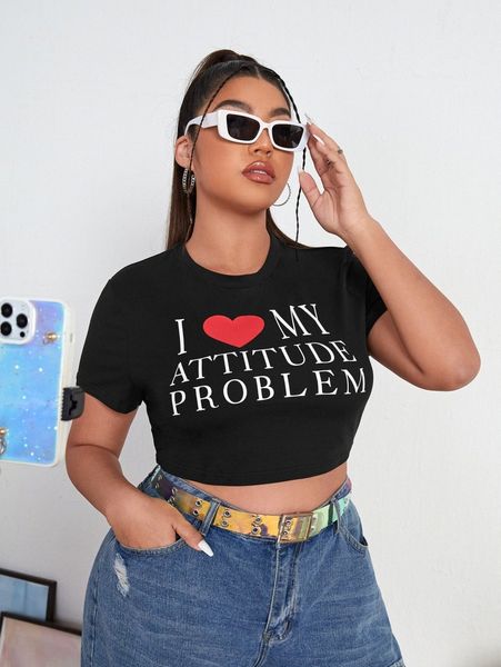 

plus heart & slogan graphic crop tee c9ze#, Black