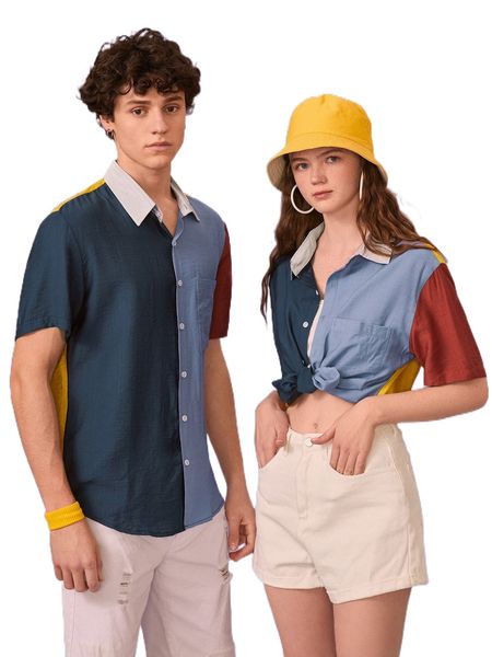 

1pc colorblock one pocket shirt n6x5#, White;black