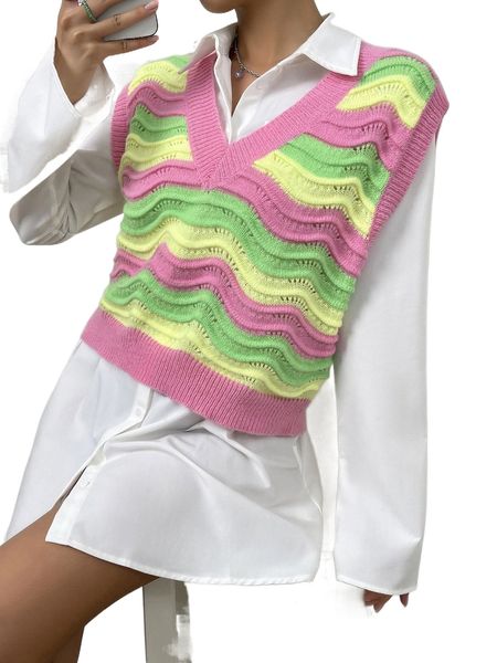 

chevron pattern colorblock sweater vest without blouse o9ya#, White;black
