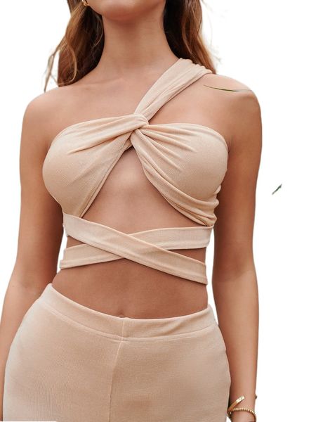 

twist crisscross cutout one shoulder crop d2bi#, White