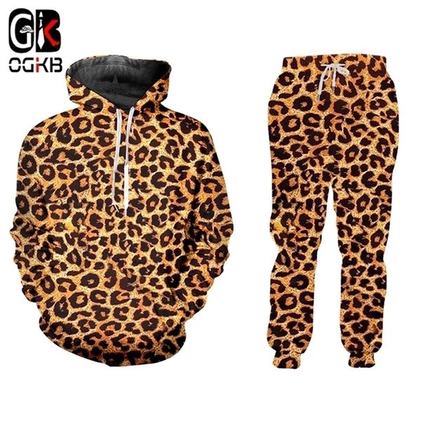 OGKB Verkauf Casual 2 Stück Anzug Tier 3D-Druck Leopardenmuster Harajuku Hoodie und Jogginghose Große Größe Großhandel 201210