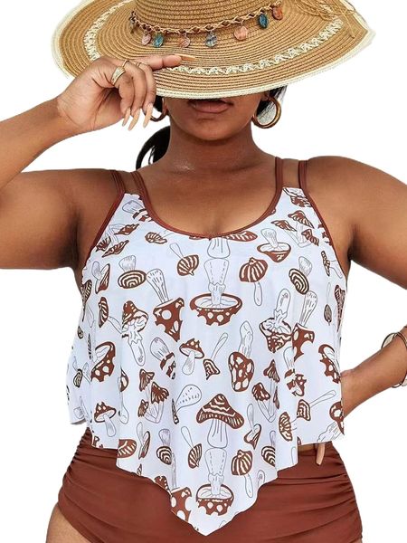 

plus mushroom print contrast binding flowy hanky hem bikini 829o#, Black