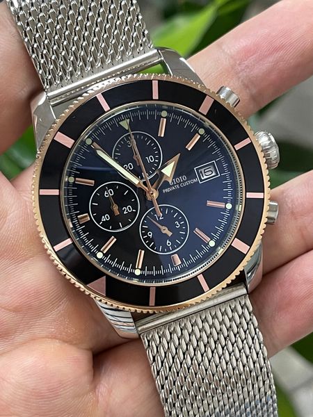 

mens quartz chronograph watch black blue rubber rose gold, Slivery;brown