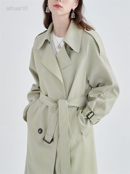 Trench coat colletto a maniche lunghe stile britannico donna primavera autunno nuovo semplice tinta unita cravatta in vita giacca di media lunghezza femminile L220725