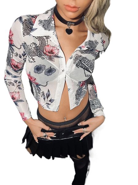 

floral & dragon print mesh e4zi#, White