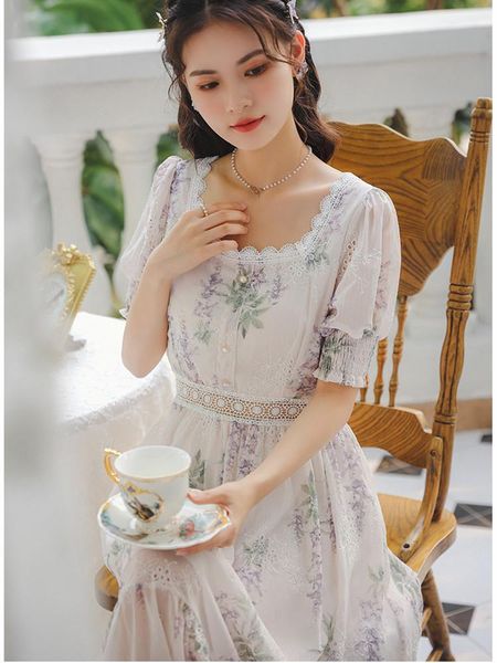 

party dresses women's summer short sleeve floral dress square neck lace sweet retro chiffon midi elegant ladies high waist cutout, White;black
