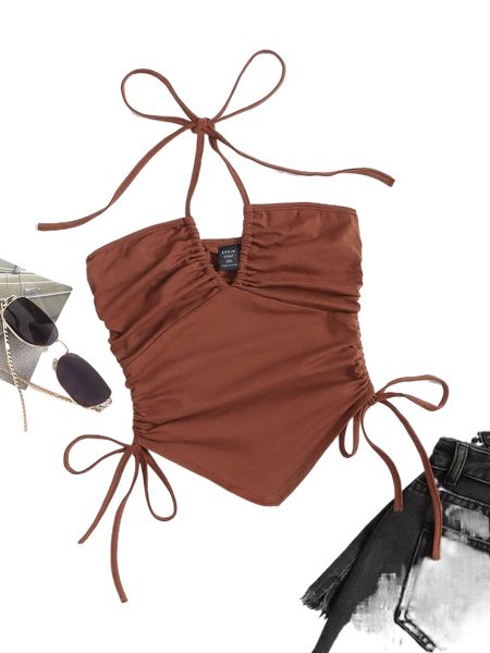 

plus ruched bust drawstring halter d6bx#, Black