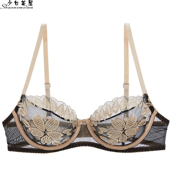 

shaonvmeiwu europe and the united states ultrathin bra mesh embroidery underwear women perspective transparent temptation y200415, Red;black