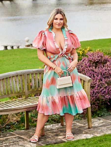 

plus tie dye puff sleeve cut out ruffle hem dress c508#, Black