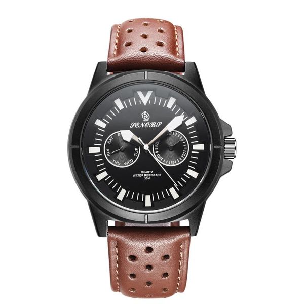 Нарученные часы сенары SN009 Men's Watch Automatic Date Quartz Watch Men Водонепроницаемые 3ATM Подличный кожаный хронограф часы