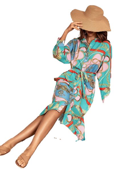 

random tassel & chain print high low hem belted shirt dress w17i#, Black;gray