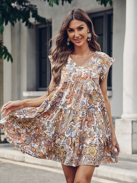 

floral & paisley print ruffle hem smock dress e9du#, Black;gray