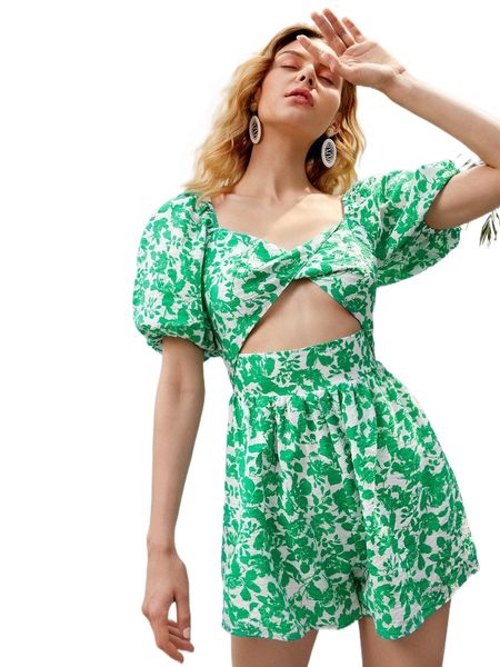 

floral print twist cut out puff sleeve romper 68ic#, Black;white