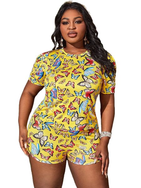 

sxy plus butterfly print puff sleeve tee b0s9#, Black