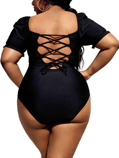 

plus lace up back one piece swimsuit 84f7#, White;black