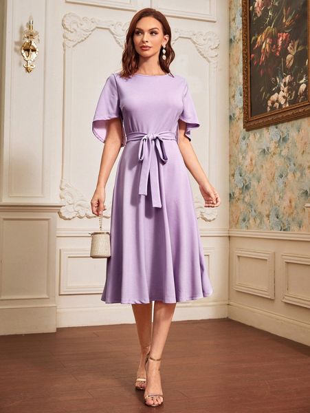 

slit flounce sleeve belt dress d4it#, Black;gray