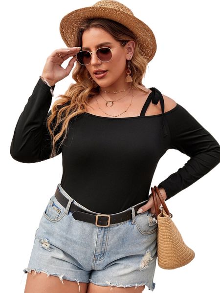 

plus solid cold shoulder raglan sleeve knot detail tee t88p#, Black