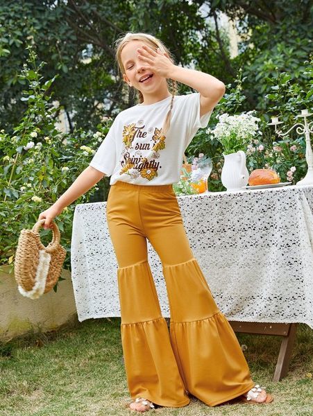 

girls slogan & floral print drop shoulder tee & flare leg pants she, White