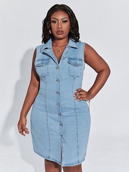 

sxy plus flap pocket denim dress 42hi#, Black