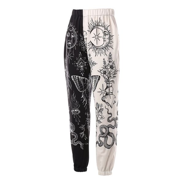 

womens wild casual trousers fashion contrast color printing mid waist beam feet pants 220808, Black