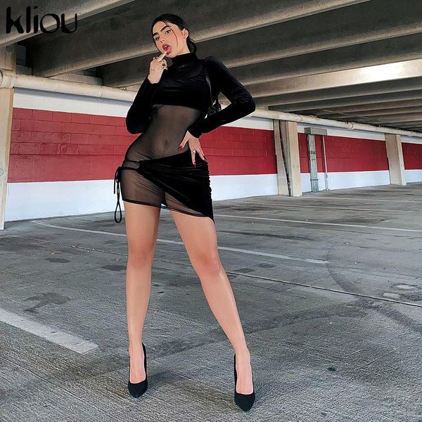 

mesh mini dress women autumn see through flocking midnight skirt elegant long sleeve turtleneck party clubwear, Black;gray