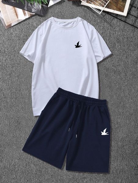 

men bird print tee & drawstring waist shorts h2oz#, Gray