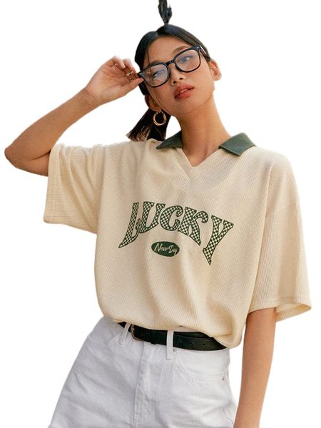 

dazy letter graphic contrast collar waffle knit drop shoulder tee f2wf#, White