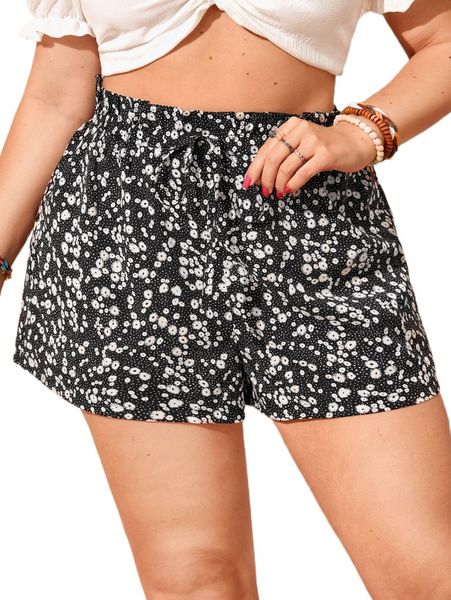 

plus ditsy floral print tie paperbag waist shorts 8927#, Black