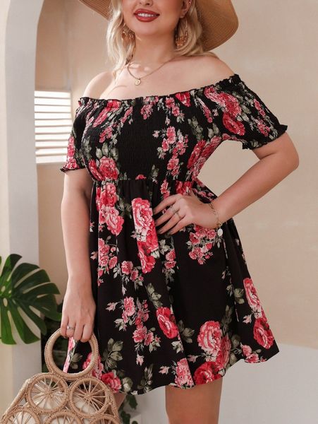 

plus floral print shirred dress f5pk#, Black