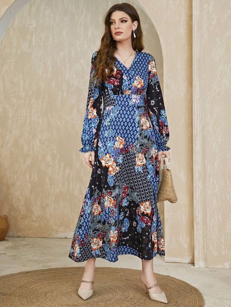 

heart & floral print flounce sleeve slit thigh dress c6sa#, Black;gray