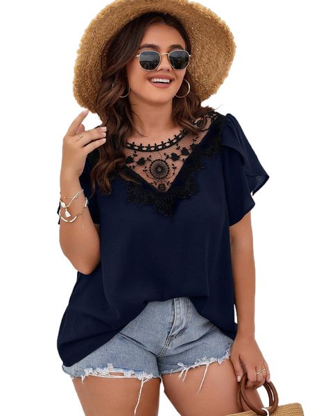 

plus contrast lace petal sleeve blouse f4bc#, Black