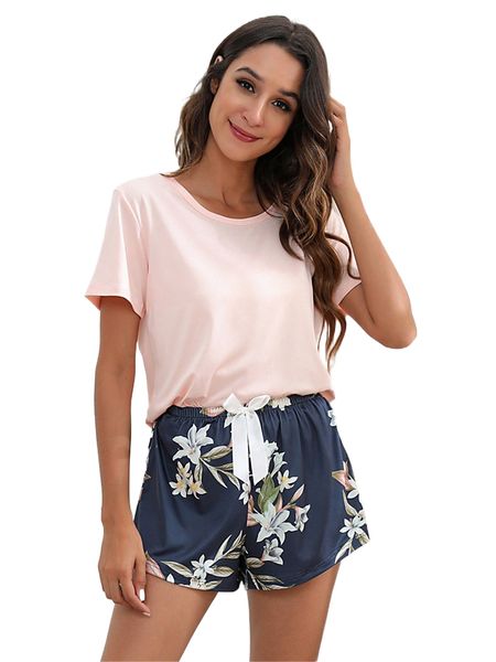 

solid tee & bow front floral print shorts pj set t703#, Black;red