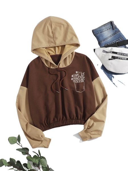 

floral print color block drawstring hoodie m3g6#, Black