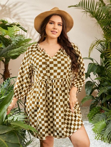 

plus plaid print tie front smock dress 53ms#, Black