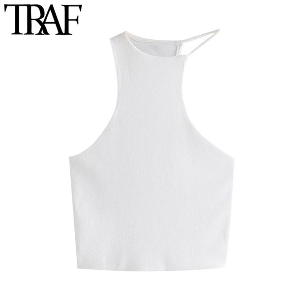 

traf women fashion irregular cropped white knit tank vintage sleeveless fitted slim female camis mujer 220318