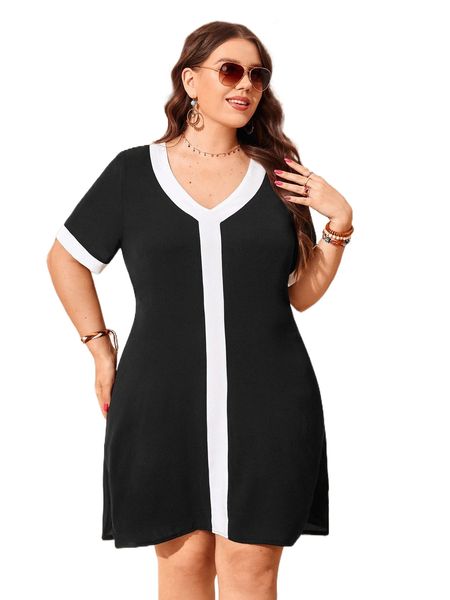 

plus contrast trim tunic dress 29v8#, Black